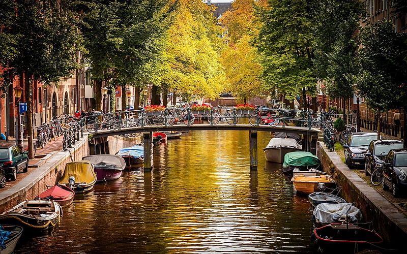 Amsterdam, canal, Netherlands, bridge, bicycles, HD wallpaper