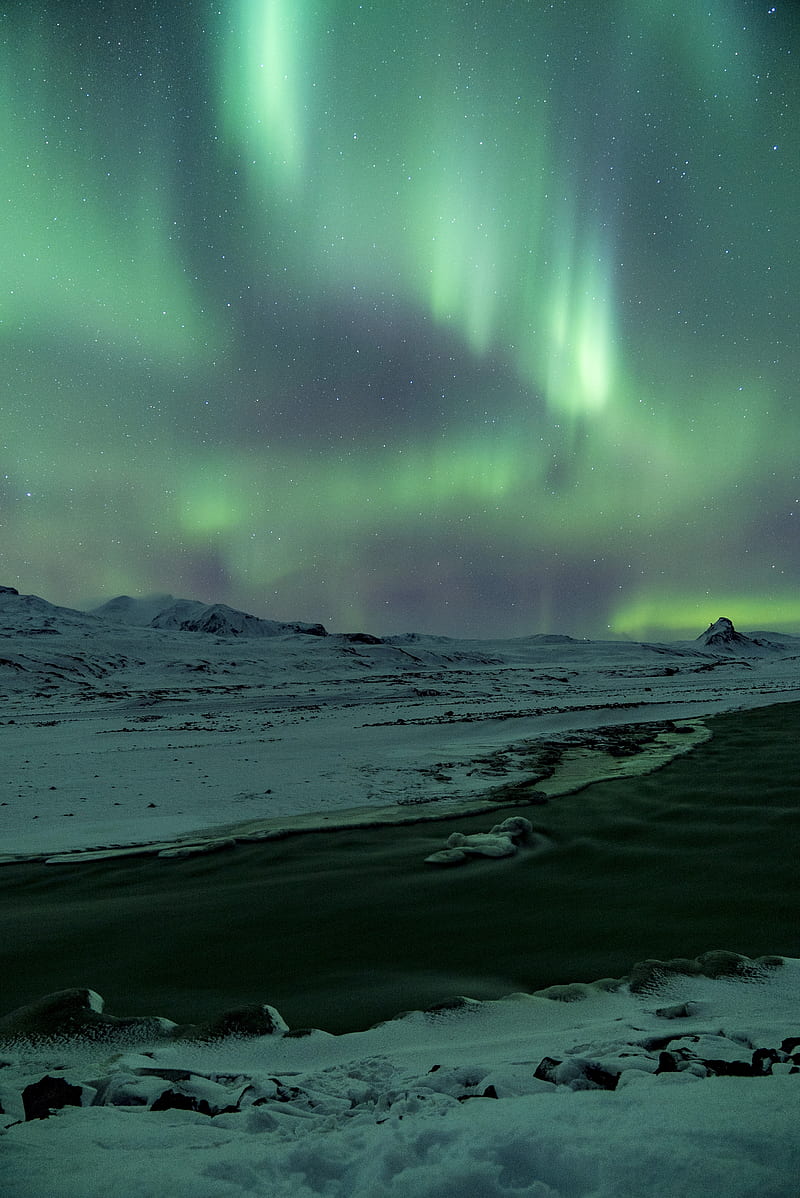 aurora, northern lights, snow, river, winter, ice, HD phone wallpaper