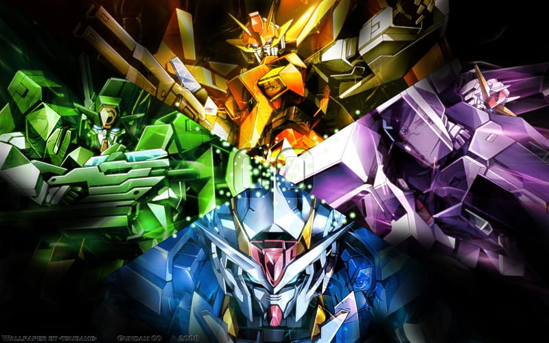 Mobile Suit Gundam 00, Purple, Cant think of a fourth, Orange, Green, Blue, HD wallpaper