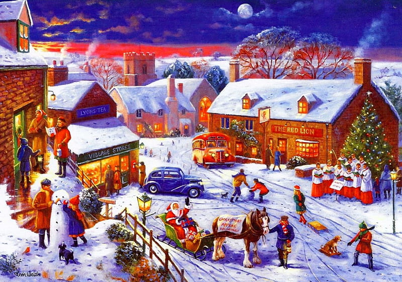 Christmas appeal, sleigh, colorful, cottages, children, bonito, eve, appeal, cold, moon, people, painting, village, deers, evening, kids, frost, art, lovely, rise, christmas, houses, decoration, fun, sky, joy, mood, winter, tree, santa, snow, gifts, HD wallpaper