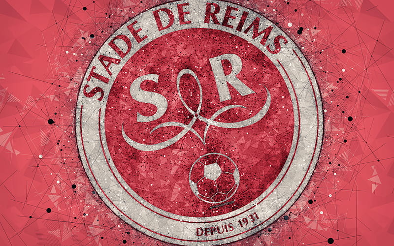 Stade de Reims logo, geometric art, French football club, red abstract background, Ligue 2, Reims, France, football, creative art, Reims FC, HD wallpaper