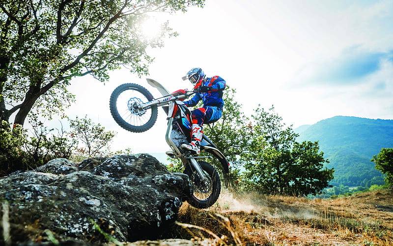 KTM ride E-XC Enduro, jump, 2018 bikes, crossbikes, rider, electric bikes, KTM, HD wallpaper