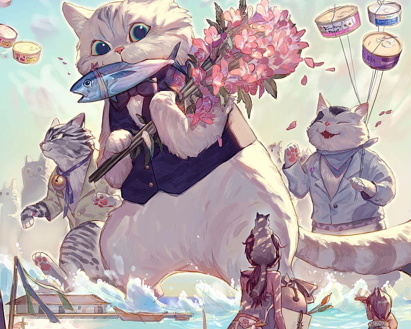 Giant cats party, fish, manga, patyuno, cat, animal, anime, flower, white, pink, pisica, blue, HD wallpaper