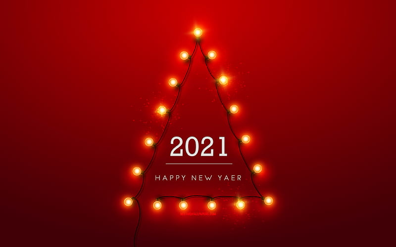 2021 New Year, Christmas tree made of bulbs, 2021 Red background, Happy New Year 2021, 2021 concepts, lamps, HD wallpaper