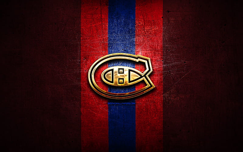 Montreal Canadiens, golden logo, NHL, red metal background, american hockey team, National Hockey League, Montreal Canadiens logo, hockey, USA, HD wallpaper