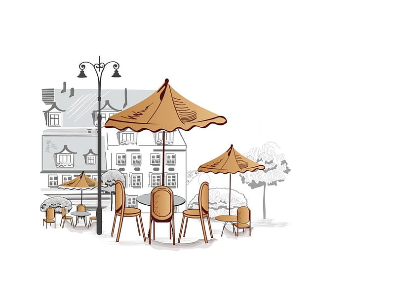 Street cafes, table, cafe, house, drawing, chair, street, HD wallpaper
