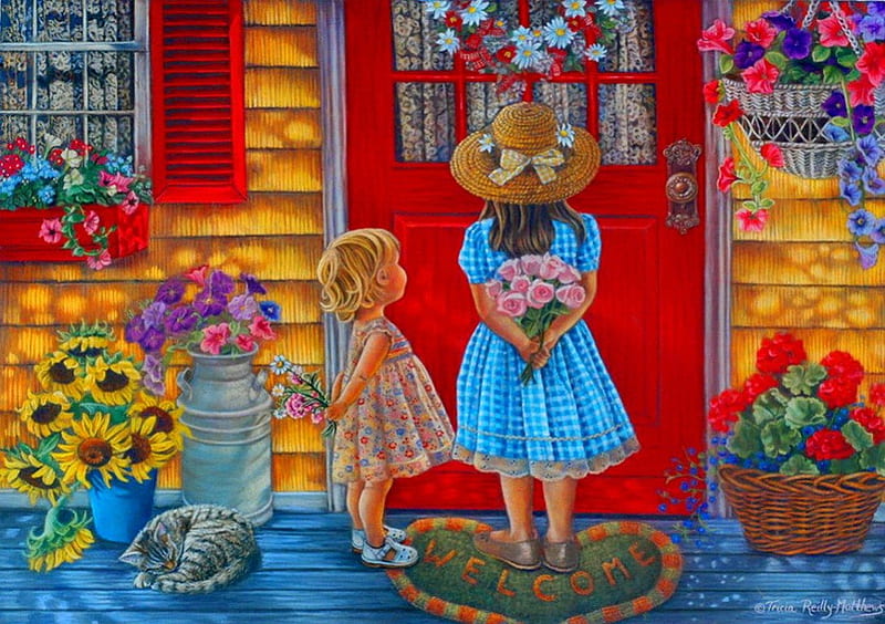 Welcome children, pretty, house, cottage, welcome, children, home, sisters, bonito, door, sweet, nice, sunflowers, painting, flowers, girls, friends, kids, surprise, art, lovely, gift, cute, summer, HD wallpaper