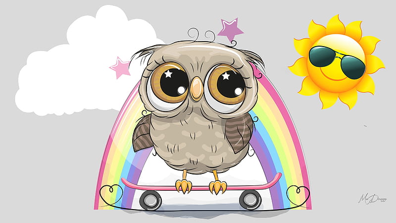 Owl Skate Boarder, Firefox theme, owl, rainbow, cartoon, happy, board, skateboard, bird, sunshine, skater, HD wallpaper