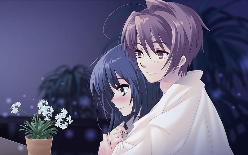 boy girl pot flower hug tenderness-2013 Anime, HD wallpaper