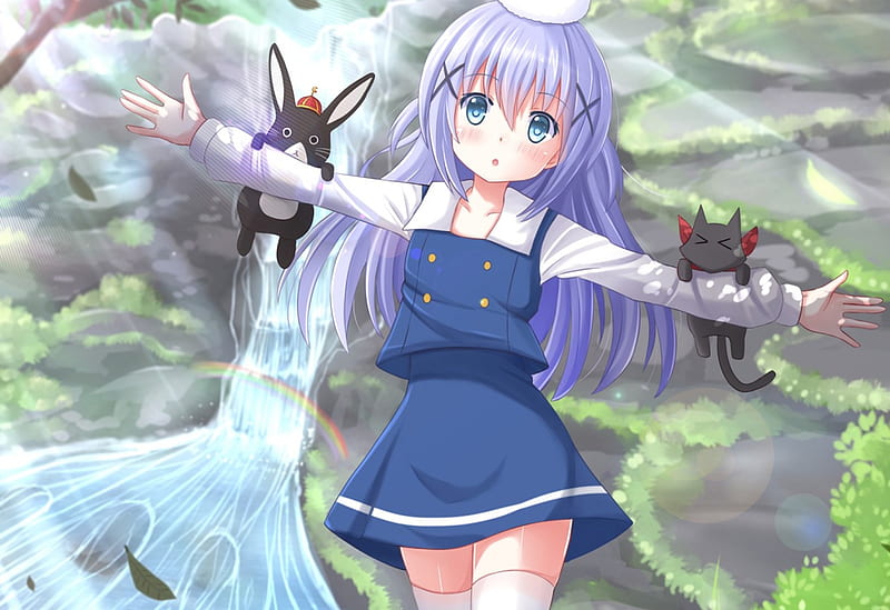 Kaffu Chino, pretty, dress, blush, bonito, woman, sweet, green, anime, waterfall, beauty, river, long hair, blue, forest, rabbit, female, lovely, trees, cat, cute, water, girl, bunnie, lady, white, HD wallpaper