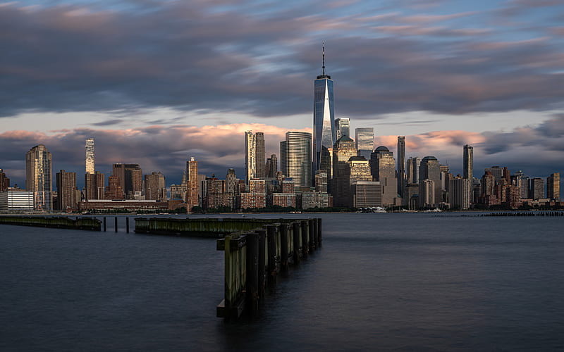 New York, evening, sunset, skyscrapers, cityscape, One World Trade Center, New York skyline, Manhattan, USA, dom Tower, HD wallpaper