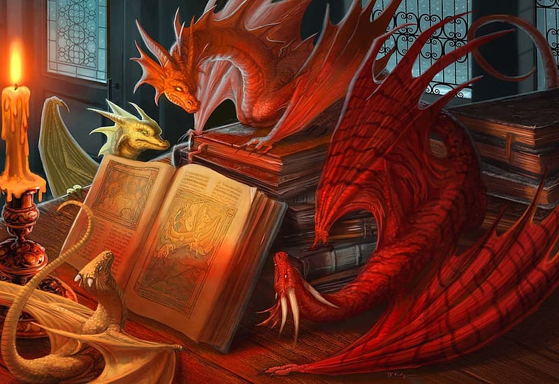 Book Wyrms, dragons, candle, books, table, painting, windows, HD wallpaper