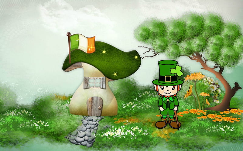 St. Patrick's Day, house, grass, rock, mushroom, bushes, shamrock, door, walkway, St Patricks Day, stones, flowers, Patricks Day, Saint Patricks Day, window, leprechaun, flag, tree, clover, sidewalk, Ireland Flag, HD wallpaper