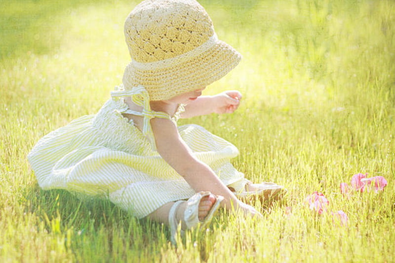 So cute and sweet, dress, grass, adorable, love, bright, little girl, flowers, child, happy moments, sunny day, baby, hat, cute, sweetness, nature, childhood, field, HD wallpaper