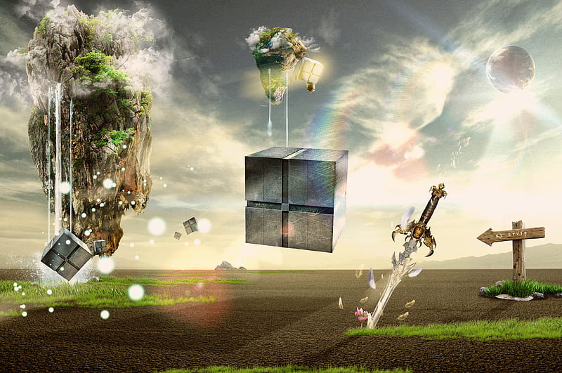 Floating Islands-Cubes, sun, grass, particle, lights, fantasy, green, immagination, dream, sword, flare, cube, sky, reays, water, planet, island, lens, HD wallpaper