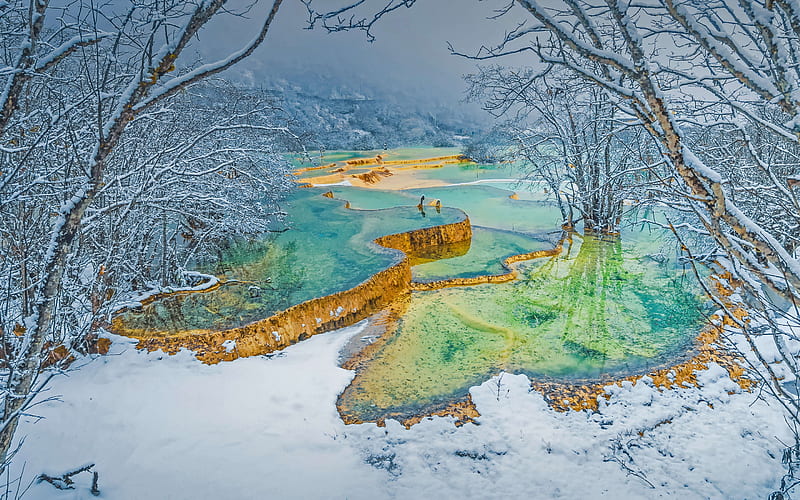 Huanglong, colorful travertine pools, Yellow Dragon Gully, Bonsai Pond, Winter, Huanglong Terraces, Huanglong Scenic and Historic Interest Area, Sichuan, China, HD wallpaper