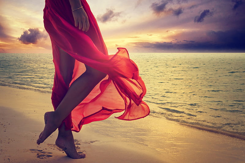 Summer passed..., red, dress, ocean, sunset, woman, sea, beach, feet, sunshine, lady, HD wallpaper