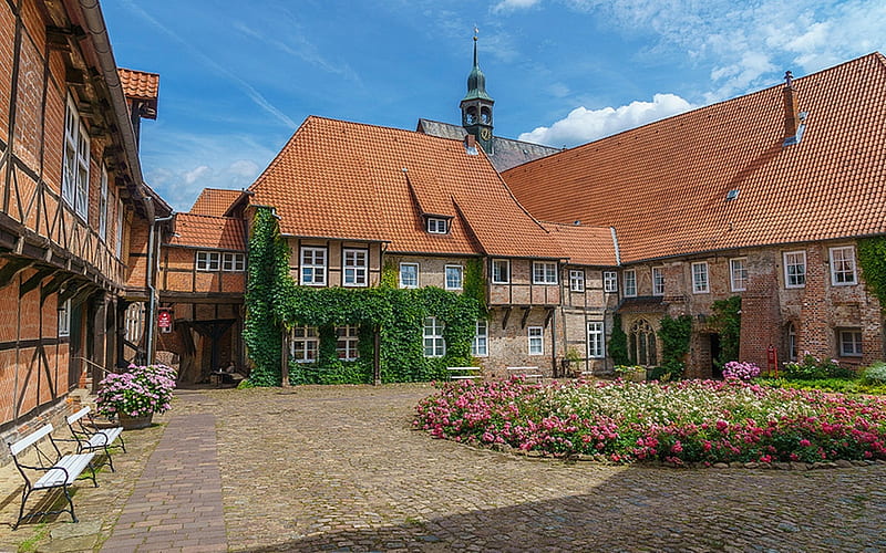 Monastery in Luneburg, Germany, Germany, houses, yard, monastery, HD wallpaper