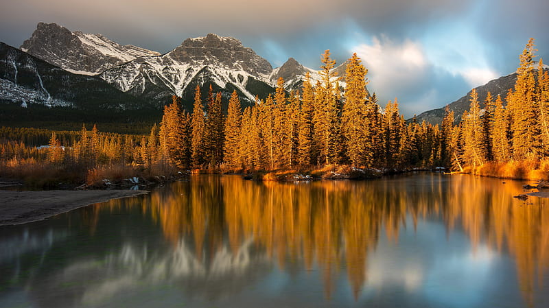 Mountains, Mountain, Alberta, Canada, Canadian Rockies, Fall, Forest, Reflection, River, HD wallpaper