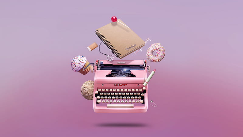 Pink typewriter, donut, sweets, food