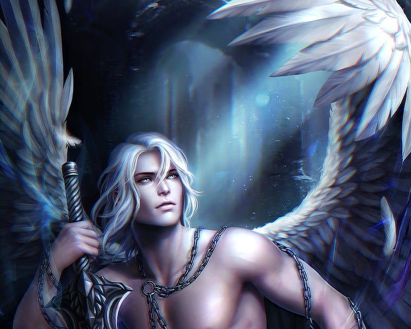 Kyciel, wings, luminos, angel, man, fantasy, feather, zetsuai89, white ...