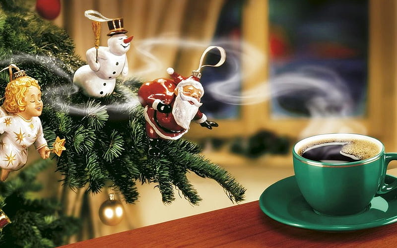 coffee fragrance, christmas tree, window, christmas, angel, christmas ball, fragrance, snowman, santa claus, coffee, coffee cup, smell, cup, funny, HD wallpaper