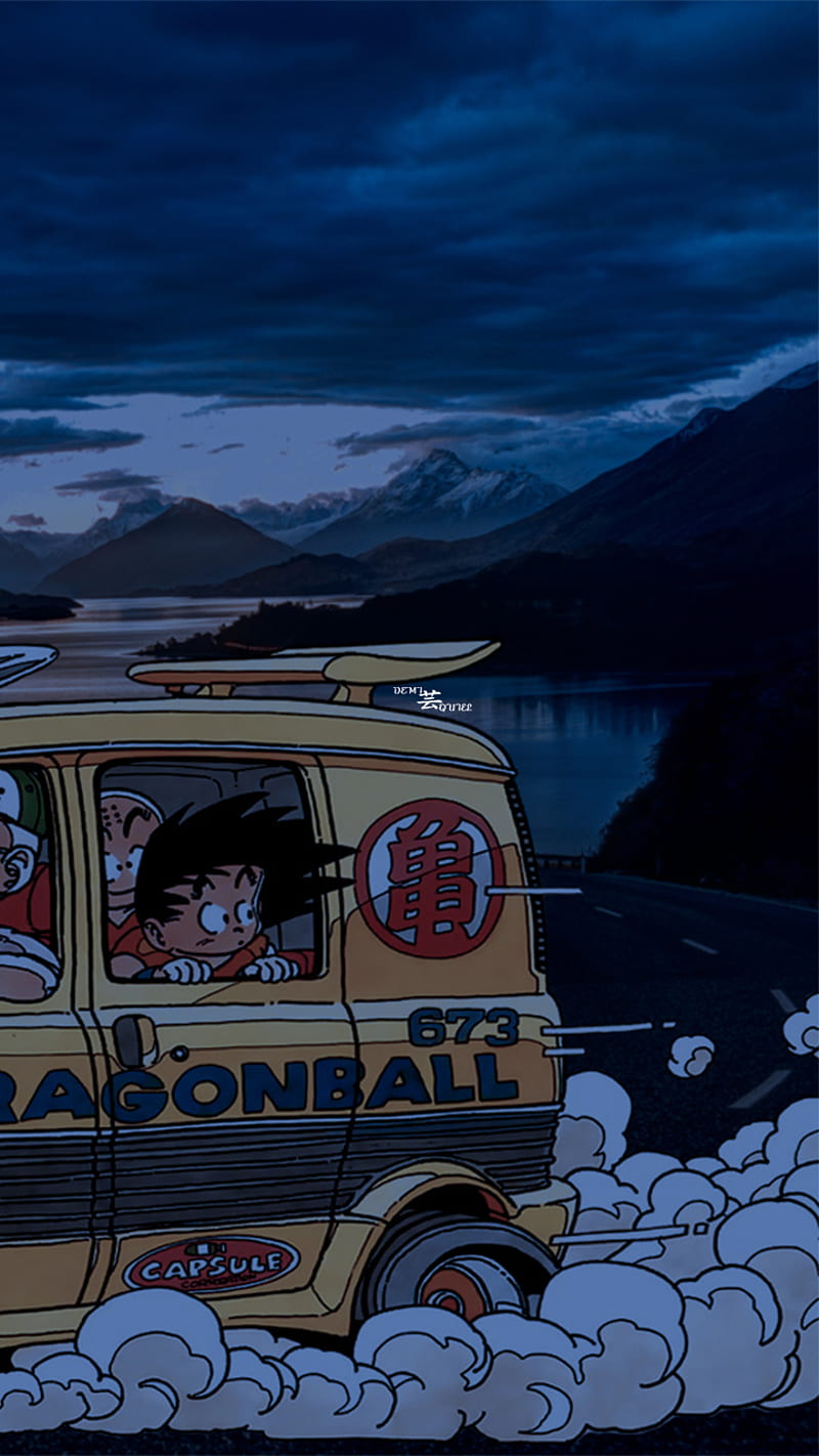 Dragonball, anime, car, dragon ball, goku, japan, landscape, mountain, smoke, street, HD phone wallpaper