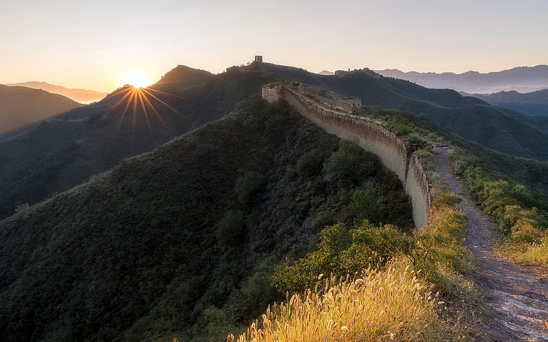Great Wall of China, mountains, morning, sunrise, Hebei, China, Bakeshiying, HD wallpaper