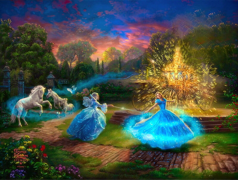 Cinderella Transformation, pictura, horse, thomas kinkade, blue, art, cinderella, dess, fantasy, girl, painting, magical, fairy, disney, HD wallpaper