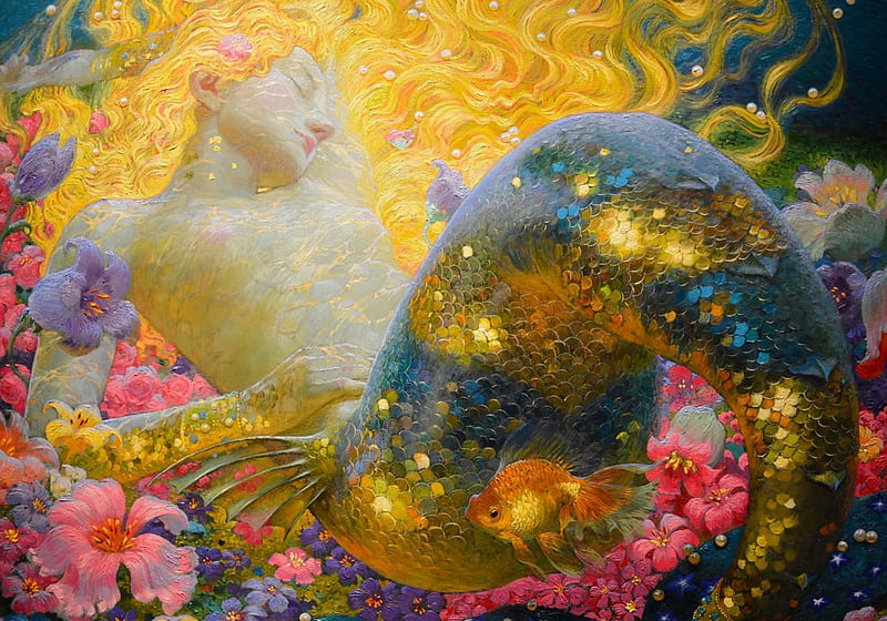 Golden Mermaid, pretty, colorful, art, mermaid, bonito, woman, fantasy, gold, girl, serene, digital, victor nizovtsev, HD wallpaper