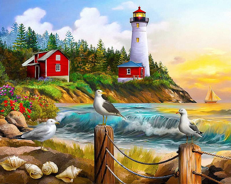 Gull Point Lighthouse, sea, fence, house, digital, waves, seagulls, artwork, HD wallpaper