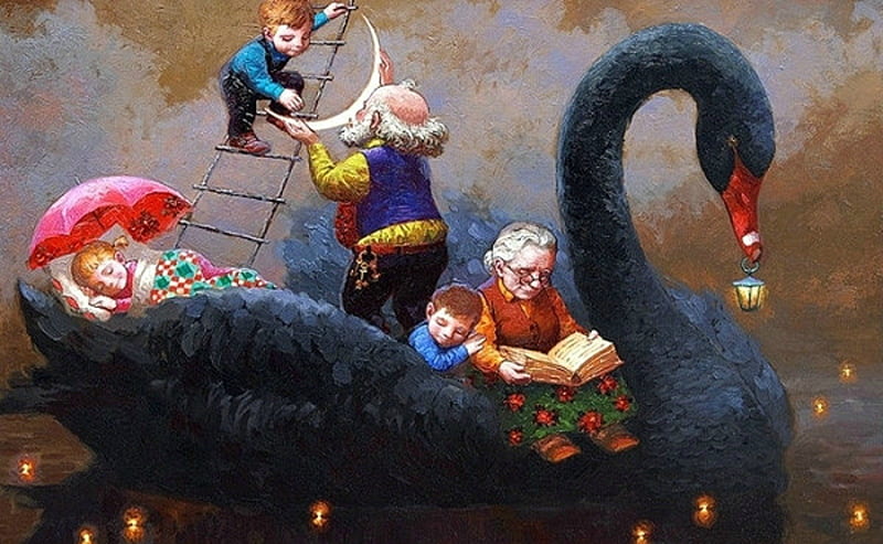 Black Swan, moon, luminos, pasare, children, creative, grandmother, fantasy, moon, bird, painting, copil, pictura, victor nizovtsev, grandfather, HD wallpaper