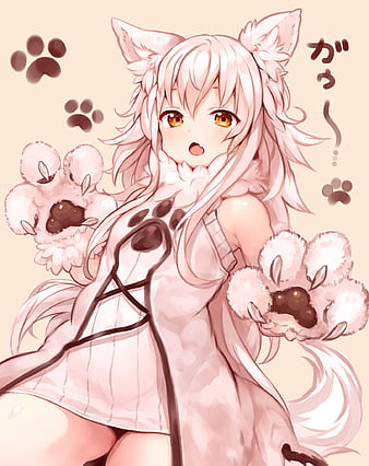 cat girl, Amashiro Natsuki, blue eyes, squatting, anime, anime girls, nacho  neko, animal ears, tail, gray hair, blushing, food