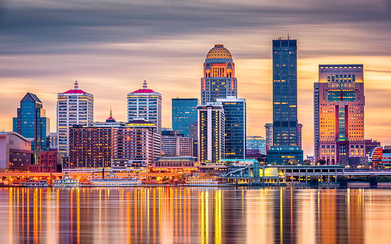 Louisville skyline, sunset, modern buildings, Kentucky, USA, american cities, America, Louisville at evening, R, City of Louisville, Cities of Kentucky, HD wallpaper