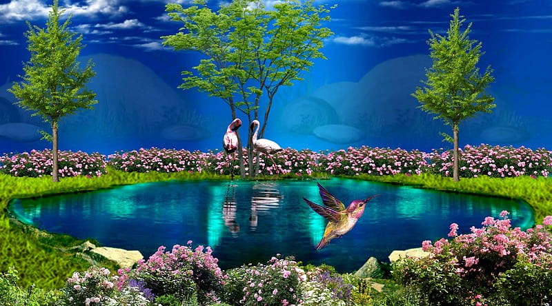Romantic Landscape, pretty, romantic, blue lake, bonito, hummingbird, landscape, HD wallpaper
