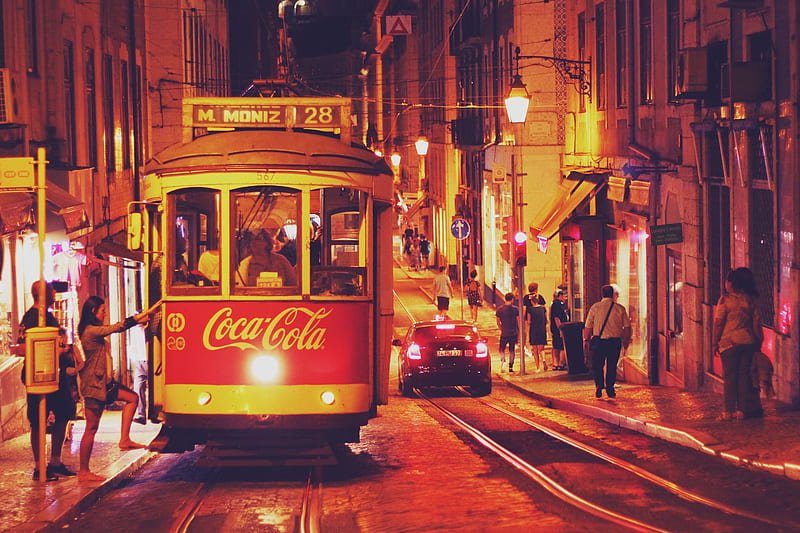 Lisbon, night, tram, Portugal, HD wallpaper