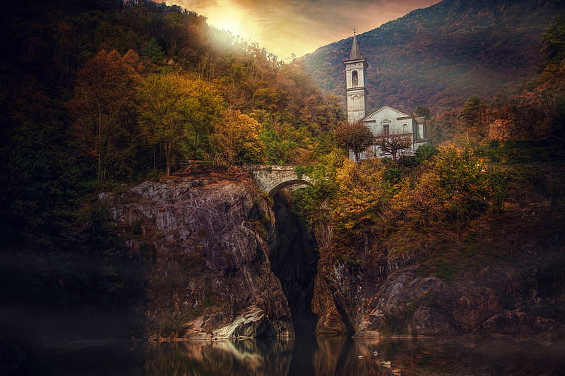 Churches, Church, Bridge, Fall, Forest, Italy, Piedmonte, River, Rock, HD wallpaper