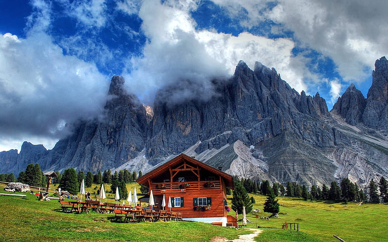 alps, clouds, house, mountains, rocks, HD wallpaper