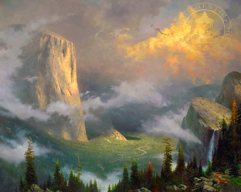 West Rim - Yosemite, hills, Bidalveil Falls, attractions in dreams, sky, clouds, waterfalls, valley, paintings, landscapes, mountians, nature, Yosemite National Park, HD wallpaper
