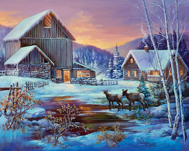 Inn for the Night, snow, village, sunset, cabin, deer, winter, barn, artwork, pond, painting, HD wallpaper