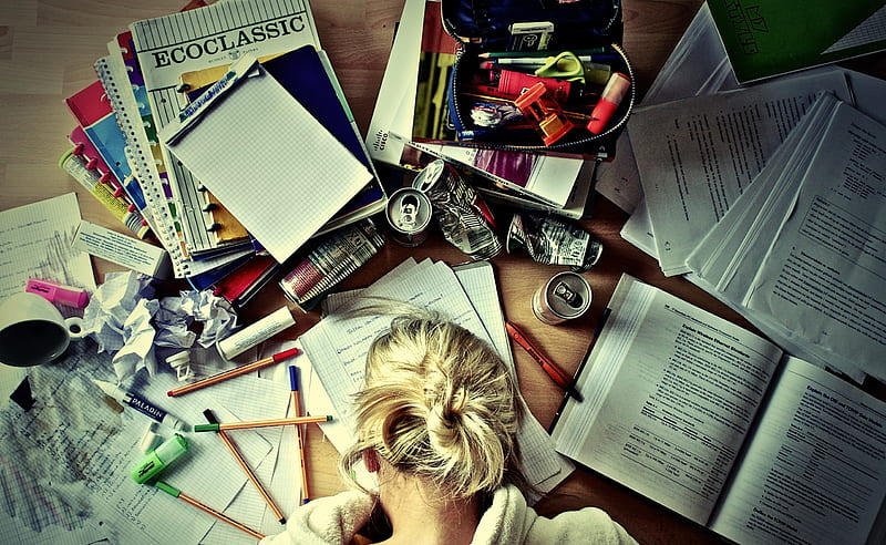 Girl studying, study, blond, homework, girl, books, paper, HD wallpaper