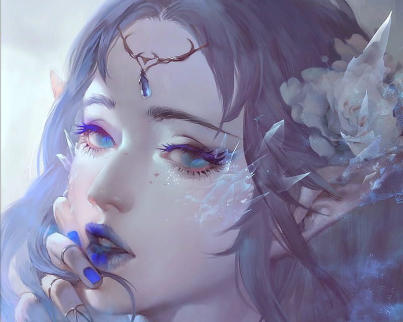 Cepphiro, luminos, elf, dark134, fantasy, girl, purple, jewel, face, blue, HD wallpaper