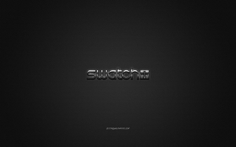Swatch logo, metal emblem, apparel brand, black carbon texture, global apparel brands, Swatch, fashion concept, Swatch emblem, HD wallpaper