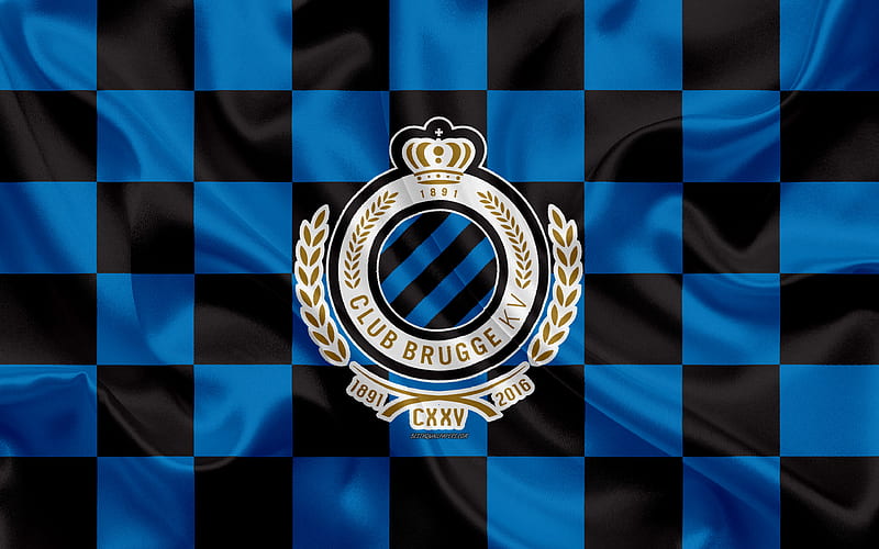 Club Brugge KV logo, creative art, blue black checkered flag, Belgian football club, Jupiler Pro League, Belgian First Division A, emblem, silk texture, Brugge, Belgium, football, HD wallpaper