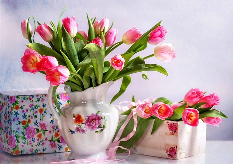 Still Life, bouquet, flowers, parcel, vase, gift, porcelain, HD wallpaper