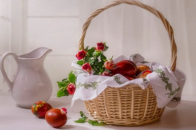 Easter basket, red, carafe, holiday, background, spring, abstract, happy, Easter, graphy, basket, eggs, flowers, white, HD wallpaper