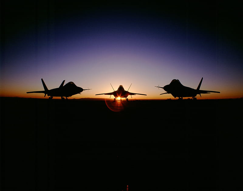 F-22, triple jets, sunset, cool, HD wallpaper