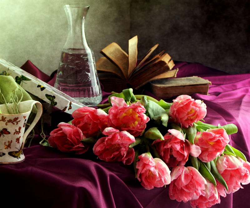 Overflowing, table, saucer, books, box, tablecloth, teacup, still life, pink tulips, flowers, tulips, decanter, HD wallpaper