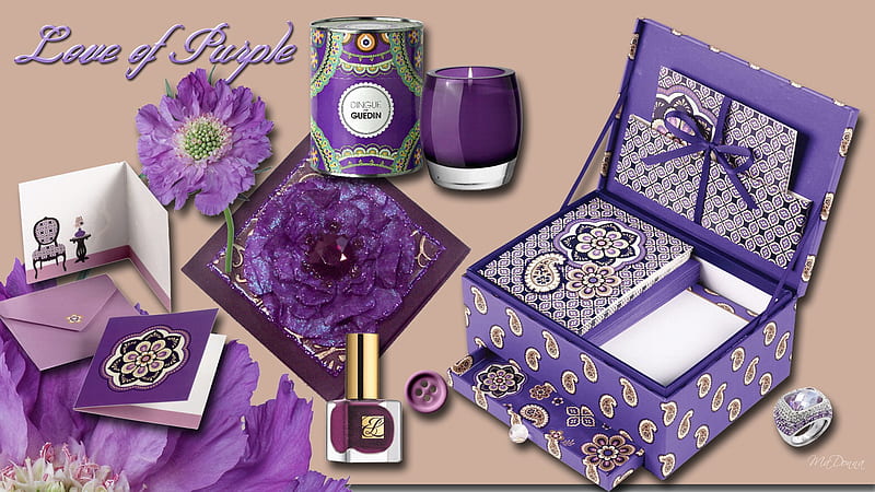 Love of Purple, candle, powder, box, nail polish, button, cards, purple, envelope, stationary, flowers, paper, ring, HD wallpaper