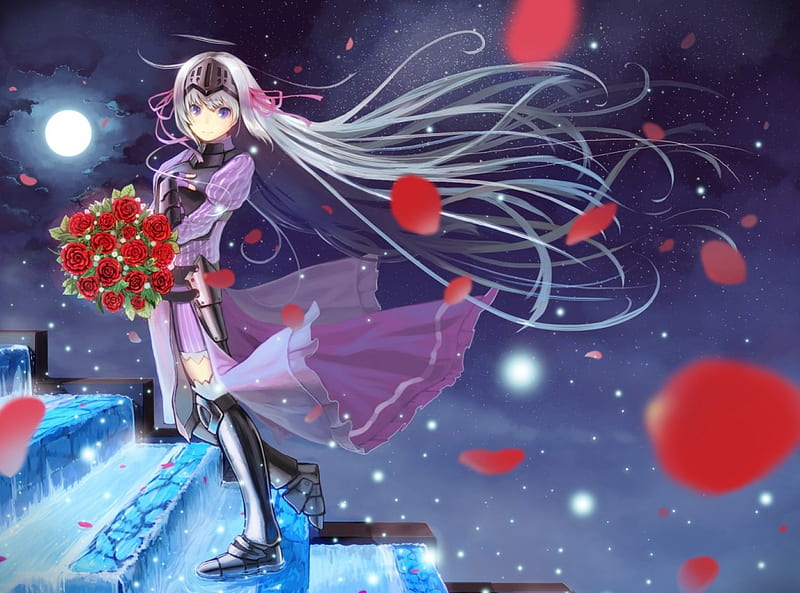 the girl and the moon, manga, the moon, roses, anime, HD wallpaper the girl and the moon, manga, the moon, roses, anime, HD wallpaper